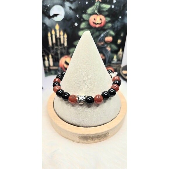 Witch Cat Charm Black Obsidian and Carnelian Beaded Bracelet - Picture 5 of 5